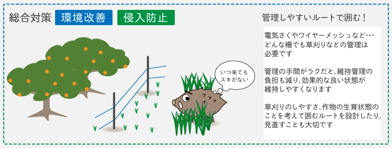 電気さくは草刈りなどの管理がしやすいルートで設置をしましょう | 鳥獣被害の総合的な対策について／環境改善