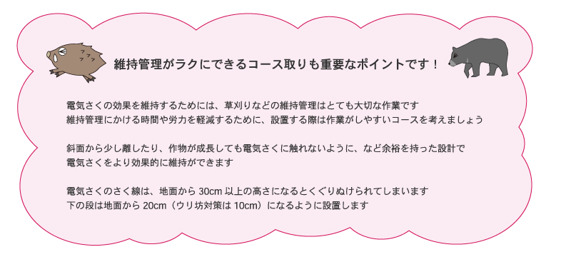 イノシシ・クマ対策用電気さくは、さく線の高さを鼻の位置に合わせることが大切です